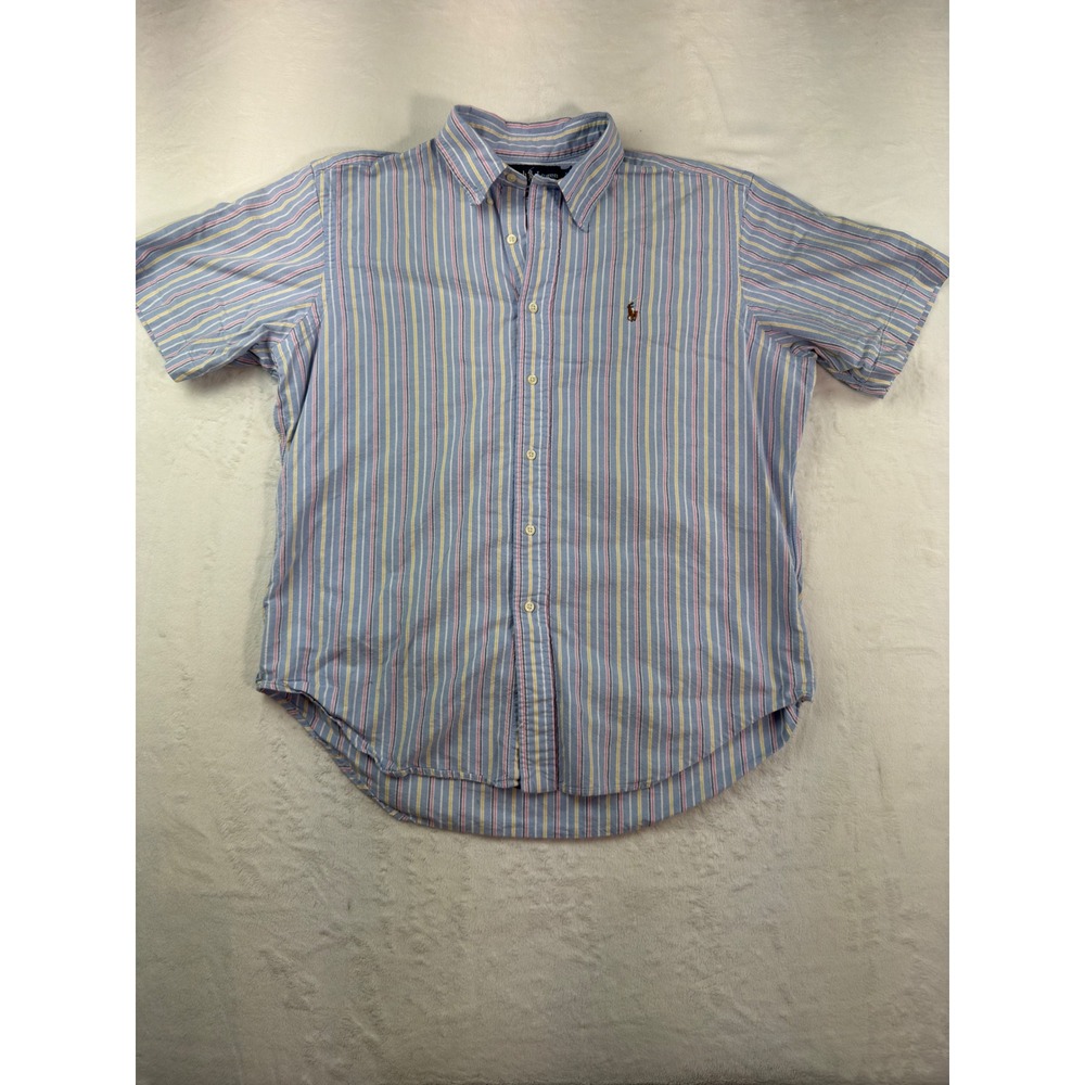 Ralph Lauren Classic Fit Mens Large Short Sleeve Striped Button Down Shirt Blue - Picture 2 of 6